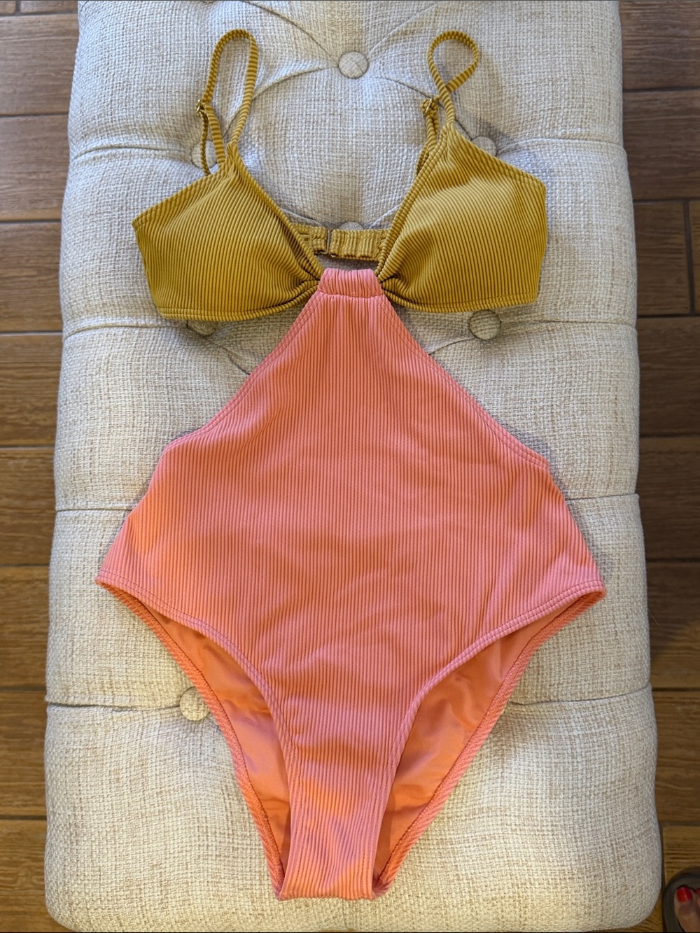 Billabong Two-Tone Ribbed One-Piece Swimsuit in Mustard and Coral